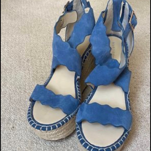 MARC FISHER Womens Scalloped Blue Platform Calita Wedge Leather Shoes - Picture 2 of 5